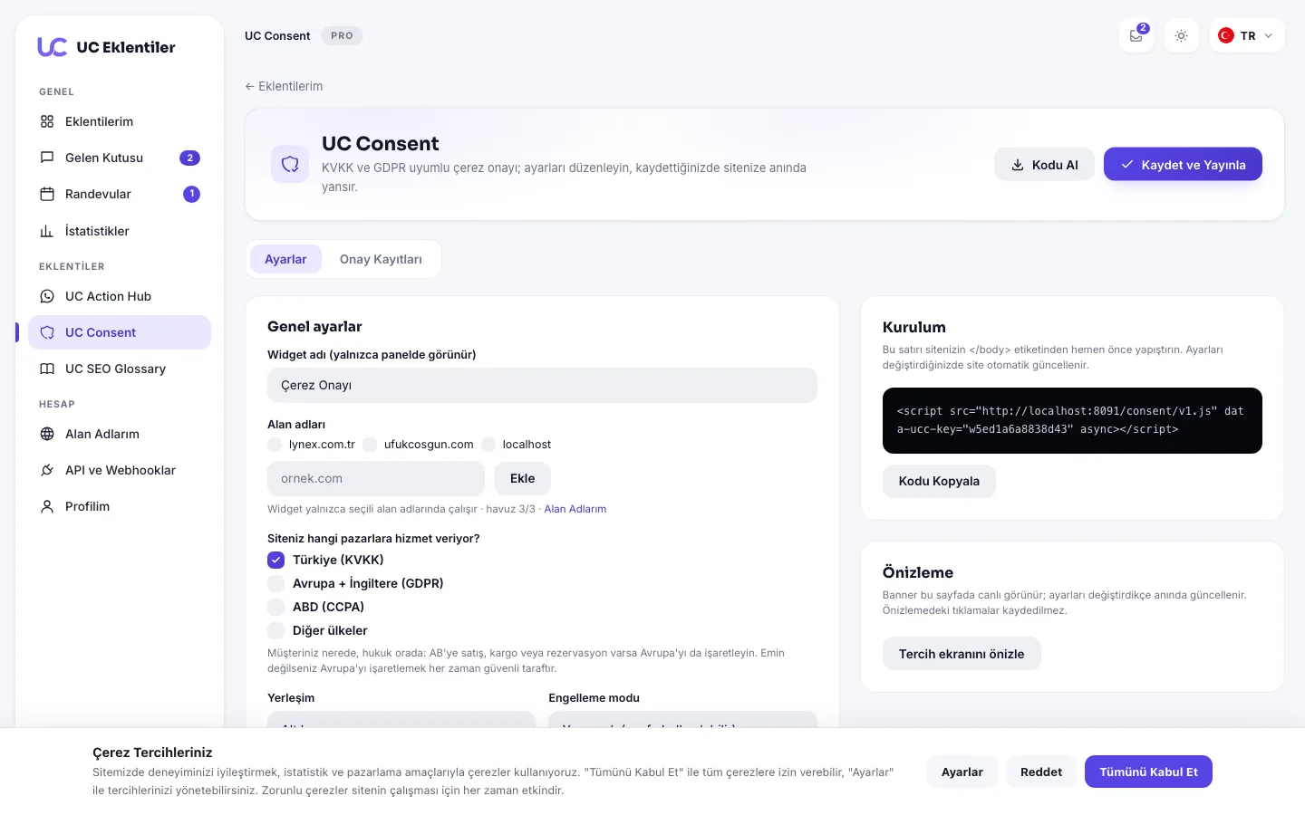 UC Consent paneli: pazar seçimi (KVKK, GDPR, CCPA), kurulum kodu ve canlı çerez banner önizlemesi